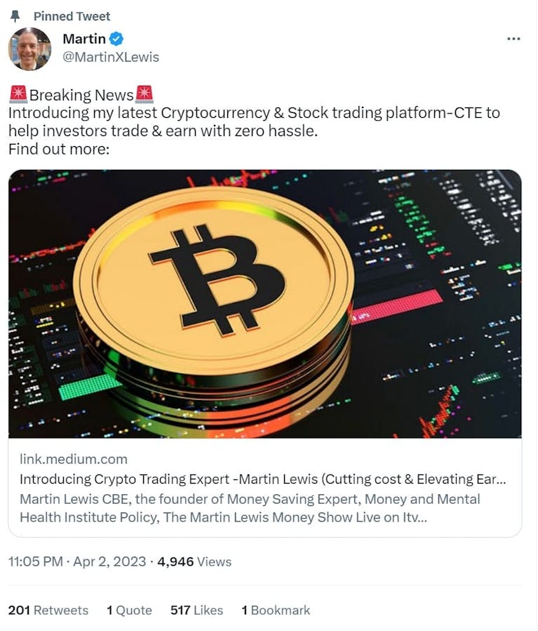 Another example of a fake 'Martin Lewis' Twitter profile - this time promoting cryptocurrency