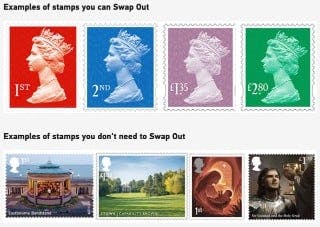 Examples of stamps you can swap include those with the Queen's profile on a plain background. Examples of those you don't need to swap include 'special' stamps that feature images such as Eastbourne Bandstand, a Nativity scene, and Sir Galahad and the Hol
