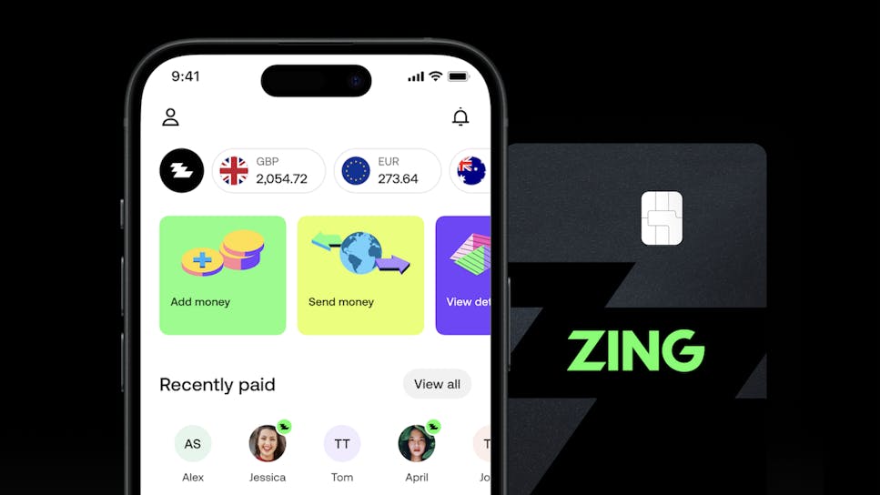 Smartphone showing the Zing app next to a sleek black Zing physical card