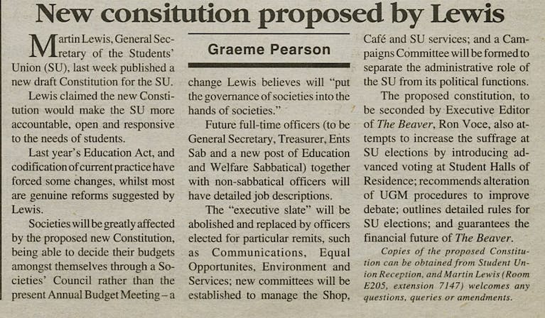 Newspaper article titled: "New constitution proposed by Lewis", with details of what the changes would mean.