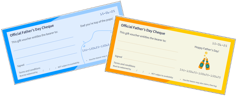 Yellow Official Father's Day gift cheque with 'Hoppy Father's Day' message shown partially covering a blue Official Father's Day cheque which has the message 'Dad you're top of the pops'