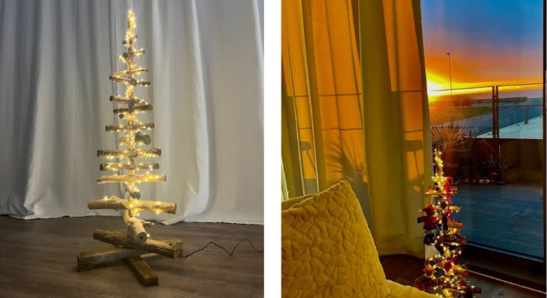 A two-picture collage of a homemade Christmas tree constructed from pieces of wood and strung with fairy lights