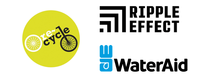 Logos for Re-Cycle, Ripple Effect and WaterAid.