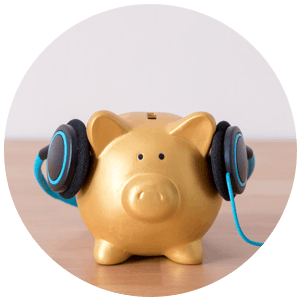 Piggy bank wearing headphones.