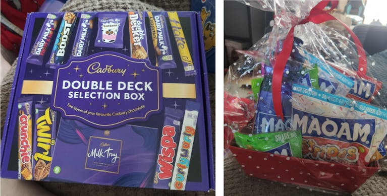 A chocolate selection box and a sweet hamper