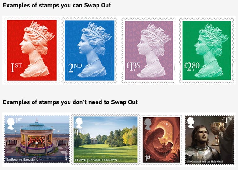 Examples of stamps you can swap include those with the Queen's profile on a plain background. Examples of those you don't need to swap include 'special' stamps that feature images such as Eastbourne Bandstand, a Nativity scene, and Sir Galahad and the Hol