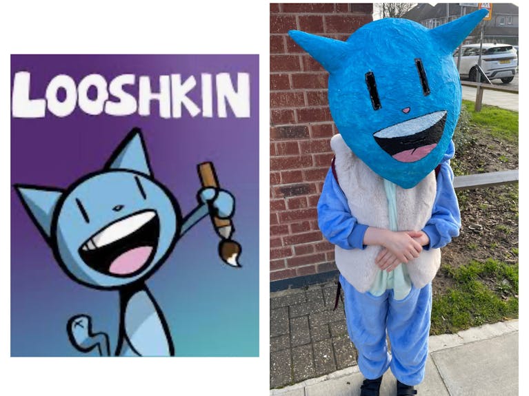 Image shows a picture of a character called Looshkin and a child dressed as the character for World Book Day