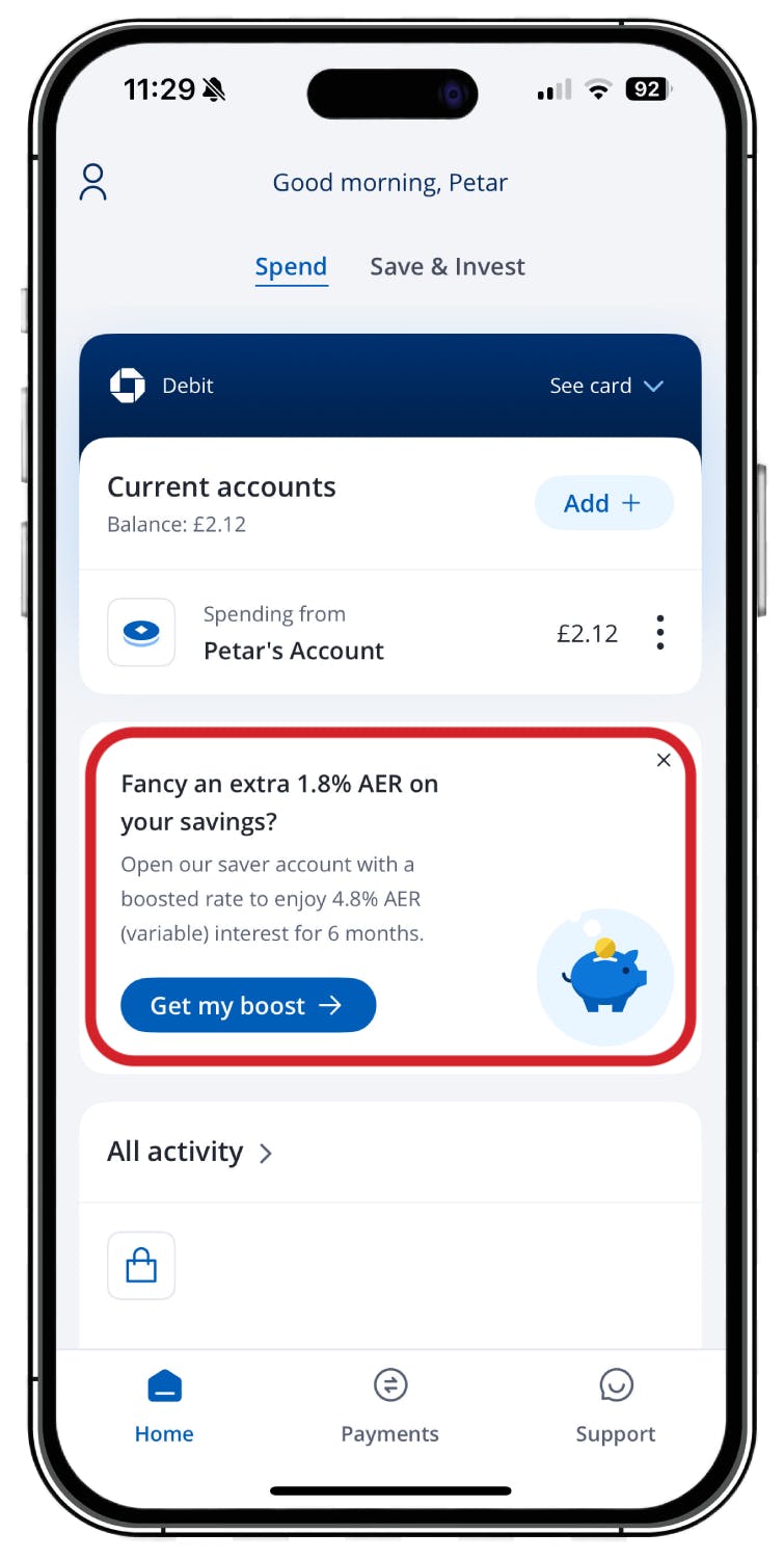 Screenshot showing a box inside the Chase bank app that says: "Fancy an extra 1.8% AER on your savings?"