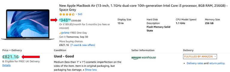 screen grab of an apple macbook air on amazon resale site