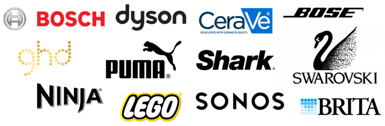 Brand logos for Bosch, Dyson, CeraVe, Bose, GHD, Puma, Shark, Ninja, Lego, Sonos, Brita and Swarovski