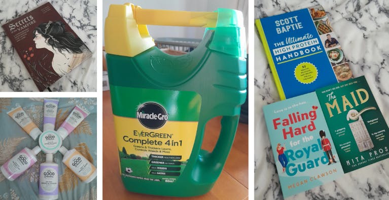 A four-picture collage of prizes, including a carton of Miracle-Gro lawn feed and a bundle of books