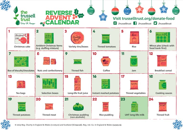 A reverse Advent calendar in green, white and red, suggesting donation items such as tinned vegetables, selection boxes and Christmas pudding
