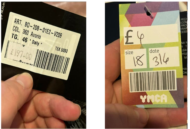 Two tags on a bodysuit from YMCA. The original tag shows that the bodysuit normally costs £197, but is on sale at YMCA for £6.