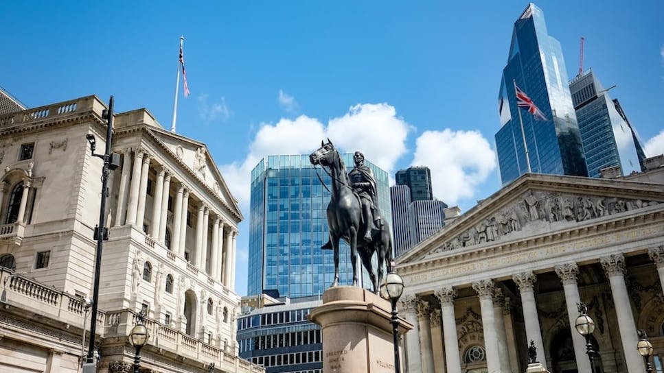 The Bank of England (left) and the Royal Exchange (right)