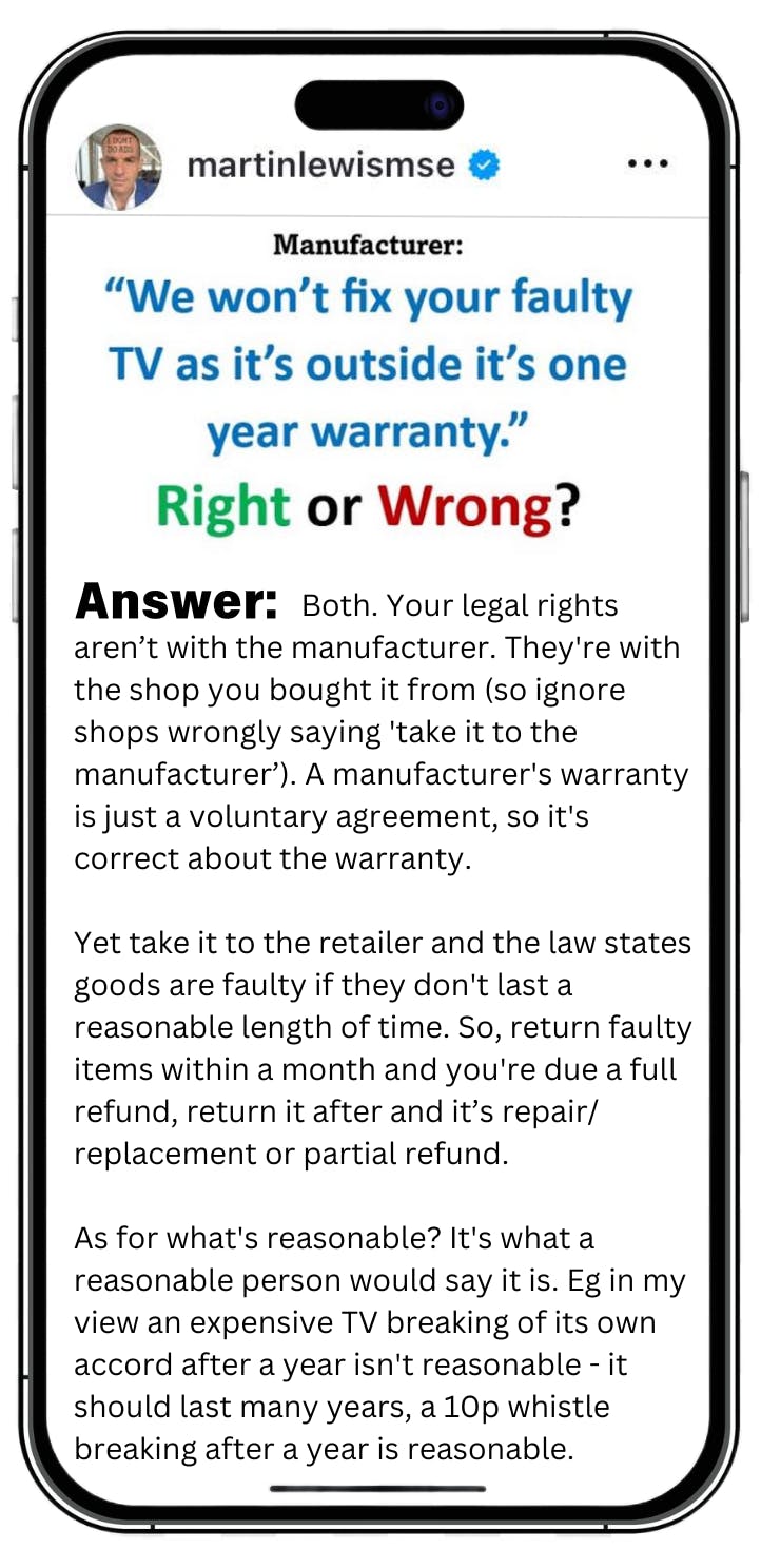 Manufacturer: "We won't fix your faulty TV as it's outside it's one year warranty." Right or Wrong? Answer: Both. Your legal rights aren't with the manufacturer – they're with the shop you bought it from.