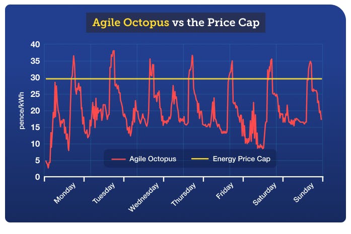 Graph shows how electricity rates for Agile Octopus compared with the Energy Price Guarantee rates in the Midlands region between 13 and 19 February. While the Guarantee remained static at 33.83p a kilowatt hour, rates for Agile Octopus fluctuated over th