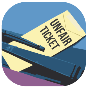 Illustrated ticket labelled "unfair ticket" on a car's windscreen.