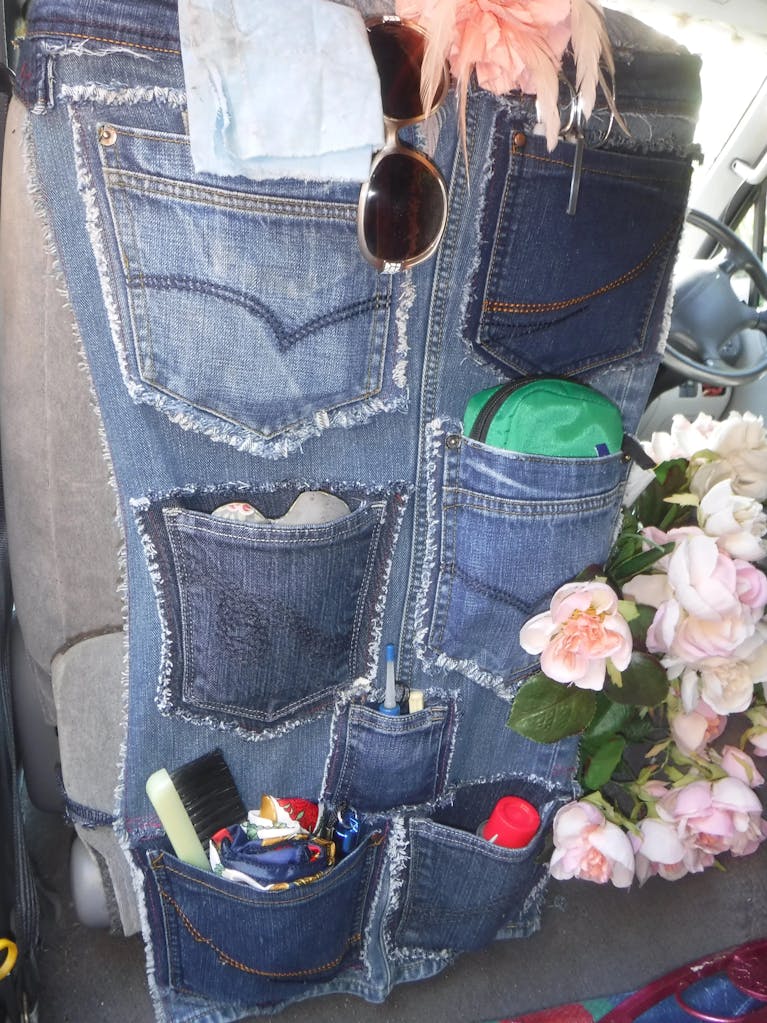 Seat-back pockets for car made from old jeans