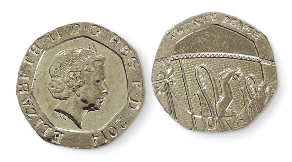 Two 20p coins, the first showing heads, the second tails.