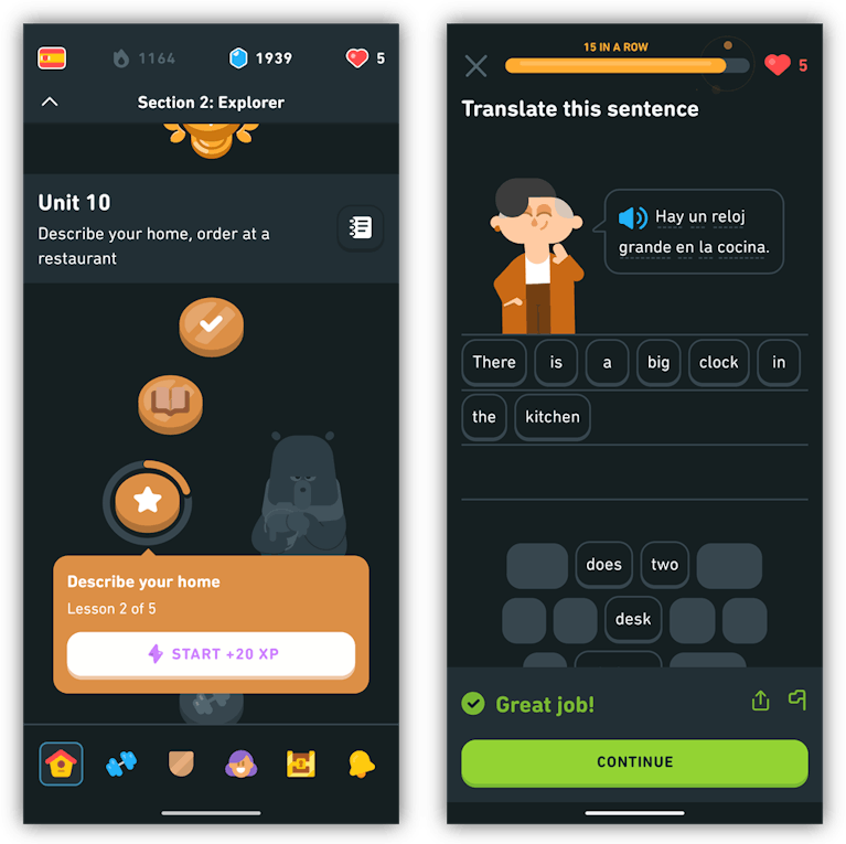 Screenshots of the Duolingo app.