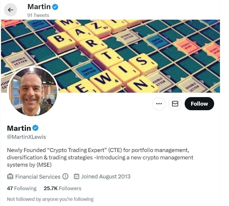 Example of a fake 'Martin Lewis' Twitter profile