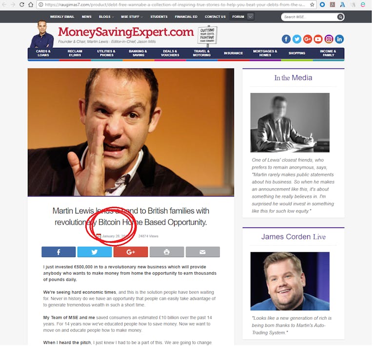 Example of a fake MoneySavingExpert webpage about Bitcoin, with URL starting raugimas7.com