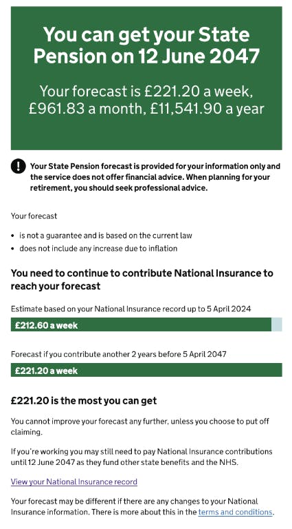 state pension forecast summary