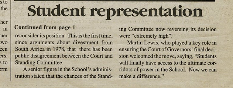 Newspaper clipping detailing Martin Lewis' work to get student representatives on the LSE's Academic Board and the Standing Committee of the Court of Governors.