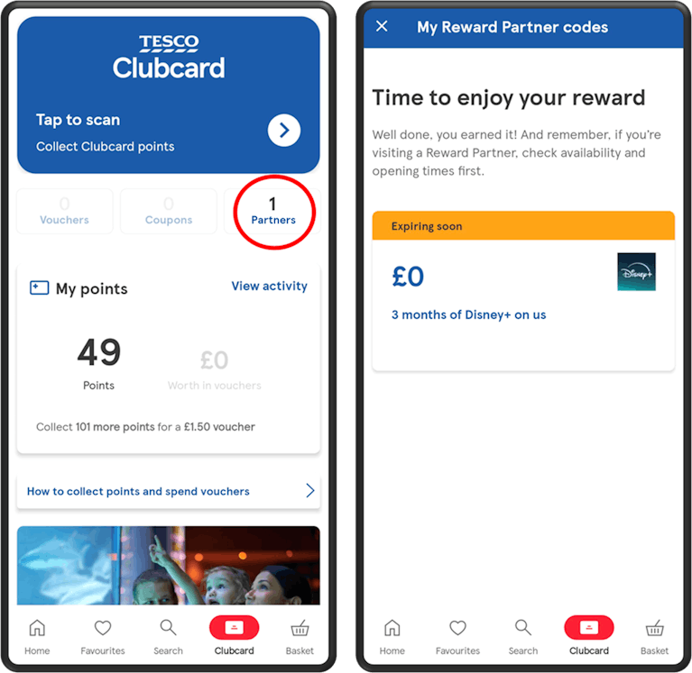 Image showing the Tesco app with the free 3 months Disney+ offer shown