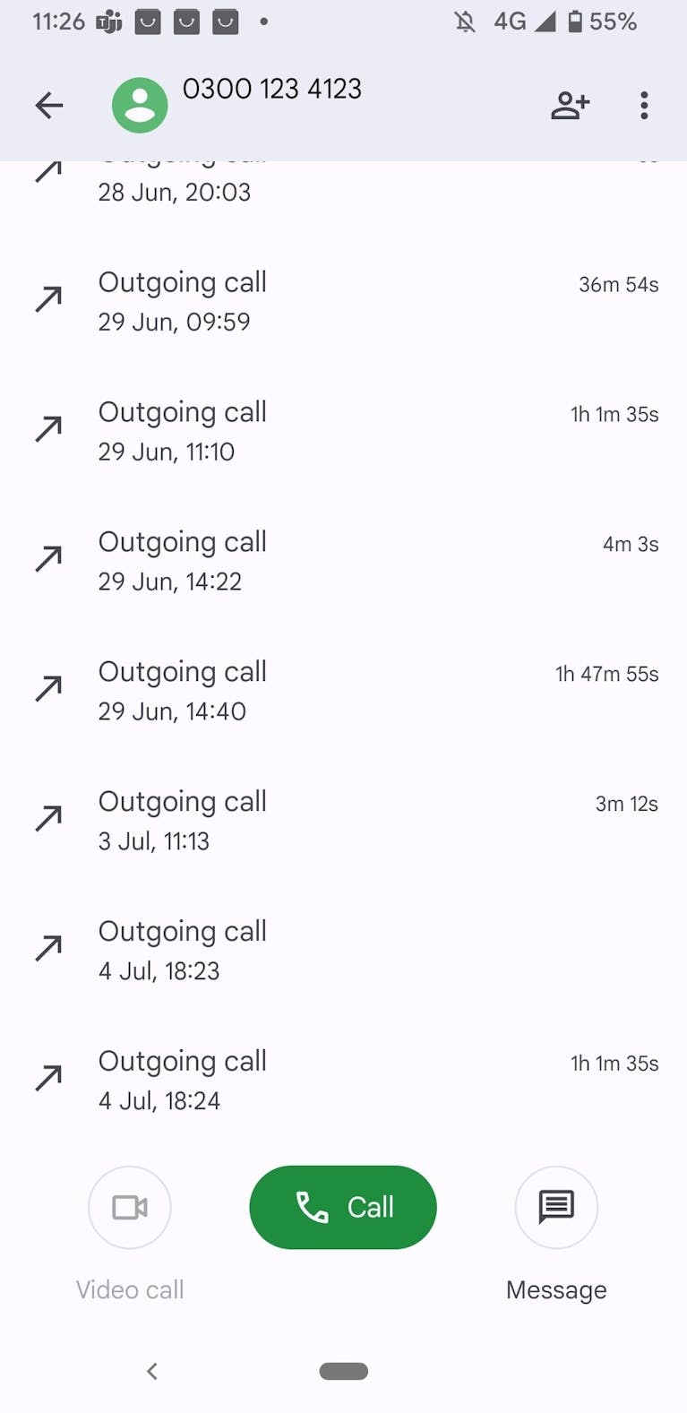 Screenshot from smartphone showing multiple outgoing calls to the same Help to Buy helpline number, including two calls of roughly an hour each, one of an hour and 45 minutes and another of 36 minutes
