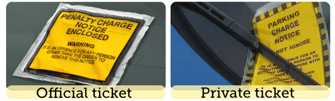 An official ticket, called a 'penalty charge notice', and a private ticket, called a 'parking charge notice'. Both feature writing in black block capitals, on a yellow background.