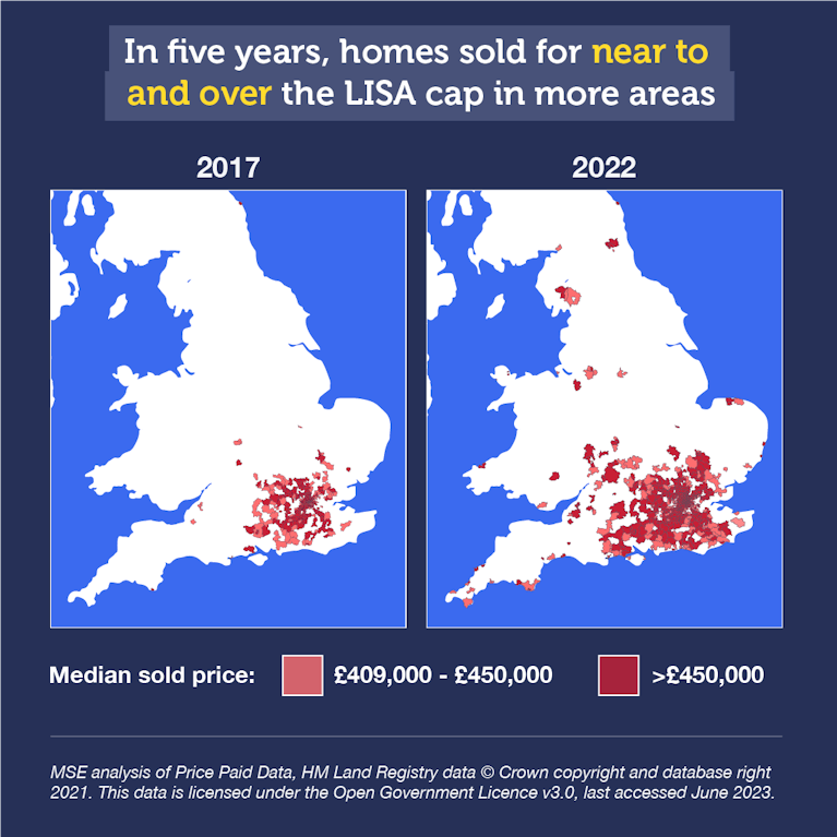 Two maps comparing the median sold price of homes from 2017 - 2022 to show in five years, homes sold for near to and over the LISA cap in more areas