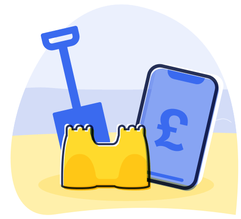 Spade, sand castle and phone with a pound sign