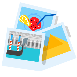 Illustrated polaroid photos of Venice, pyramids, and a cold drink.