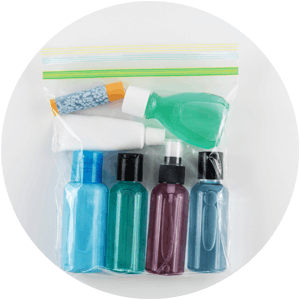 Travel-sized toiletries in a clear plastic bag.