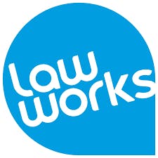 LawWorks logo, which is 'lawworks' in white wording in a light blue speech bubble/balloon shape.