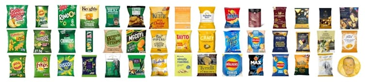 An image showing all 44 types of crisps we tasted. They were: Aldi Specially Selected Mature Cheddar & Red Onion Hand Cooked Crisps, Asda Extra Special Cheddar & Red Onion, Brown Bag Farmhouse Cheddar & Onion, Burts Mature Cheese & Onion, Cathedral City O
