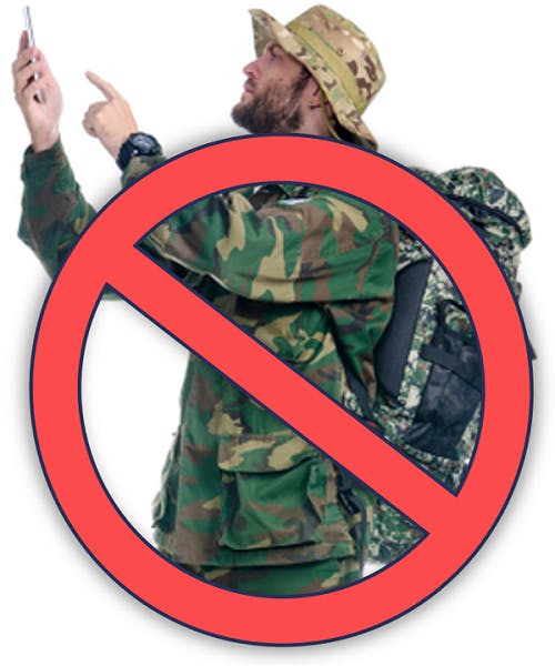 Photo of a man wearing camouflage clothing inside a red 'no' symbol.