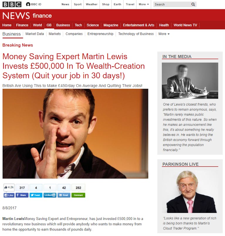 Example of a fake BBC news page showing Martin Lewis giving investment advice