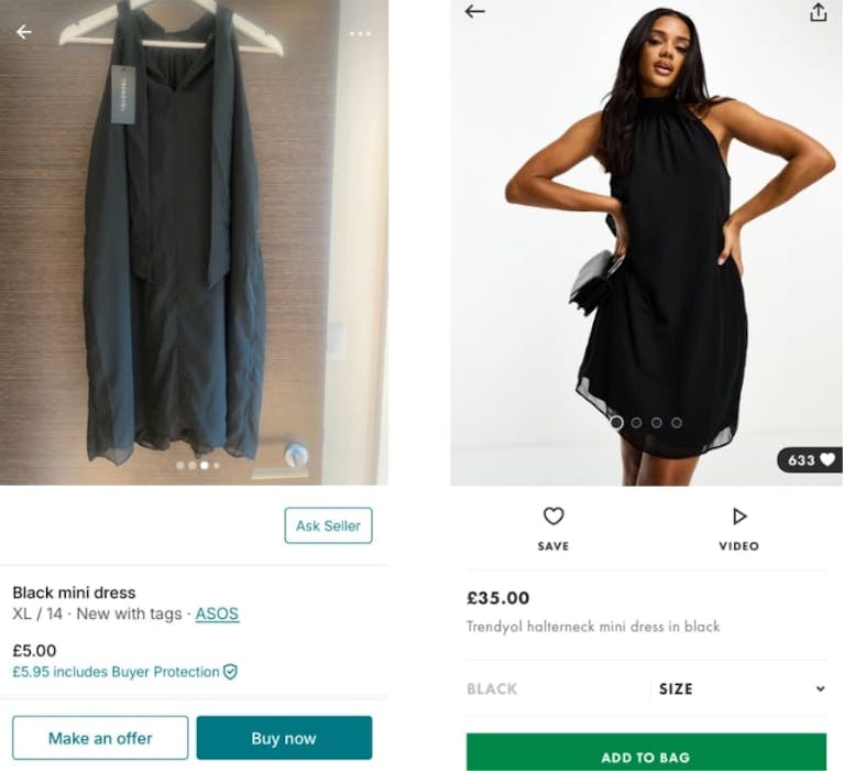 A side by side image of the same dress sold on Vinted and Asos. The brand new dress costs £5 on Vinted, but £35 on Asos.