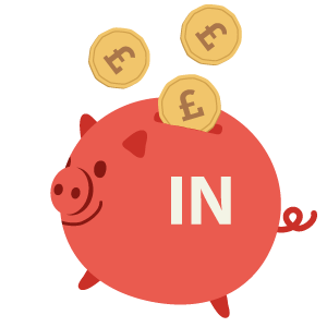 Smiling piggybank with the word 'IN' on it and coins falling into its slot