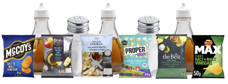 An image of the other strongest salt 'n' vinegar crisps. They are: McCoy's, Sainsbury's, M&S Sea Salt & Sherry Vinegar, Proper Chips, Morrisons and Walkers Max.