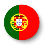 Circular image of the Portugese flag. The flag shows a crest in red yellow and white on a background split between green and red