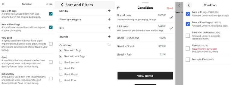Dropdown of sorting options from Vinted, Oxfam Shop, Depop and eBay. These show what you need to click on in order to view only brand new items.