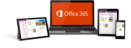 A tablet, laptop, smaller tablet and smartphone using Office 365
