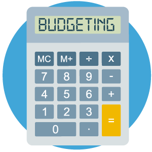 Image of a calculator with the words 'BUDGETING' on the screen