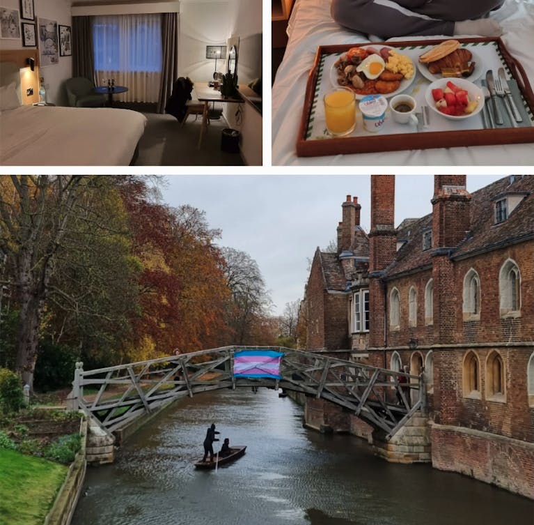 A photo collage including a bridge over a river in Cambridge, a cooked breakfast and a hotel room