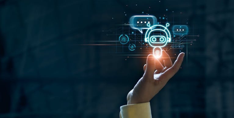 A hand holding a digital robot character