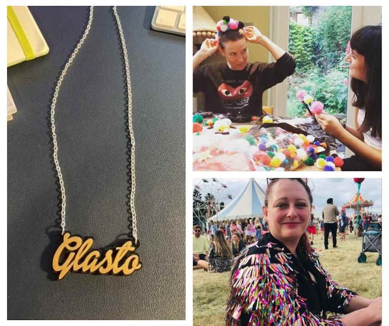 A custom-made necklace made up of letters spelling 'Glasto'; MSE Laura and a friend prepping an outfit for a festival; and author of this blog, MSE Jenny H, sporting her glittery kaftan.