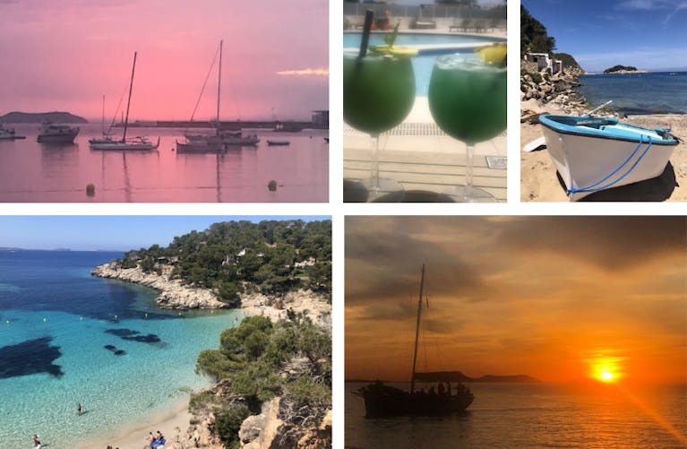 A collage of Ibiza scenes, including an orange sunset, a view down to a beach and grassy cliffs, and two green cocktails